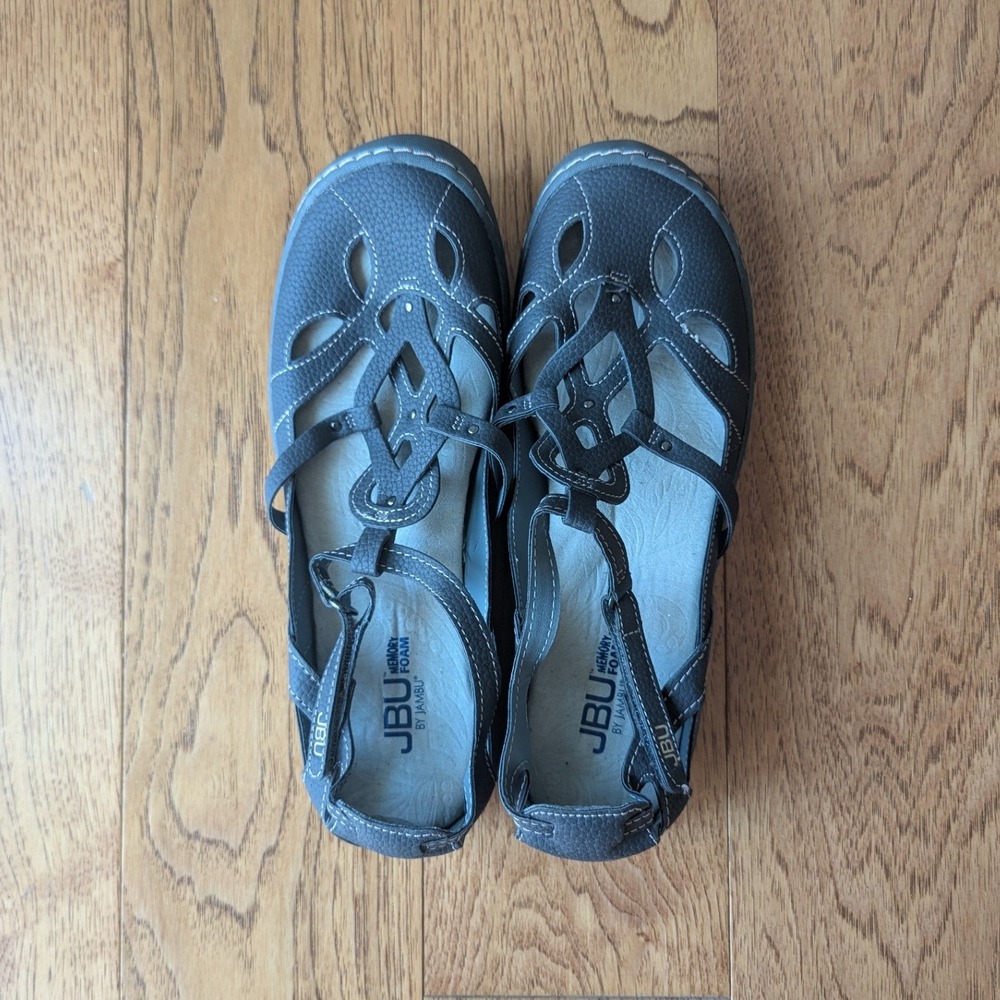 JBU Sydney Flat Sandals Gray Cutout Memory Foam Hook & Loop Sz 10M Comfort Shoe